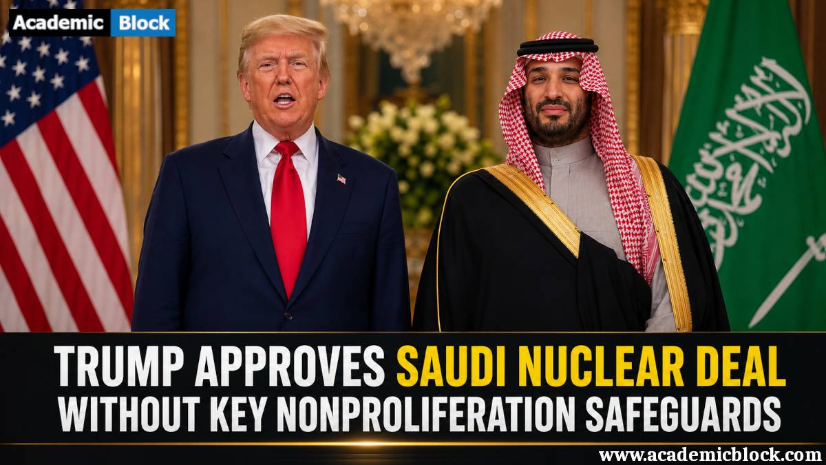 Trump and Prince Mohammed bin Salman stand together before U.S. and Saudi flags, illustrating a news report on a U.S.-Saudi nuclear agreement.