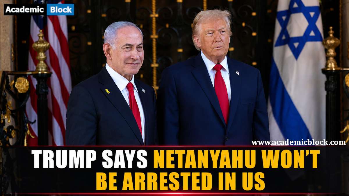 Image Showing Donald Trump and Benjamin Netanyahu during a joint appearance with the headline, Trump Says Netanyahu Won't Be Arrested in the US.