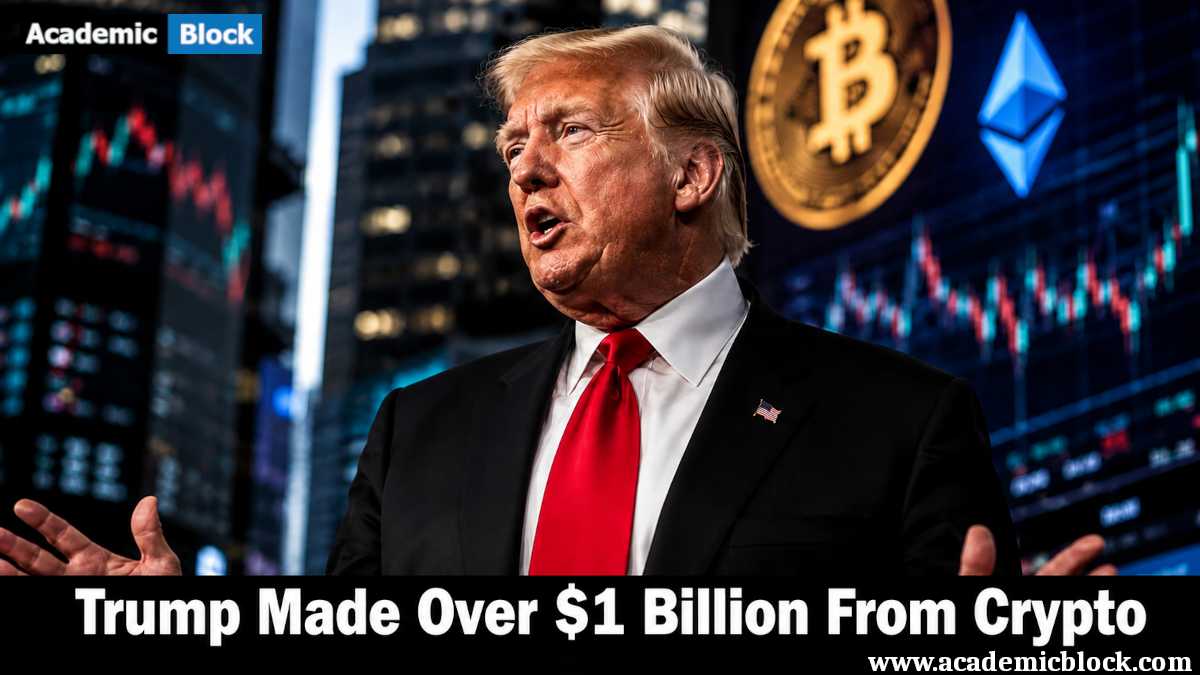 Image showing Donald Trump speaking before cryptocurrency market graphics with the headline on crypto earnings.