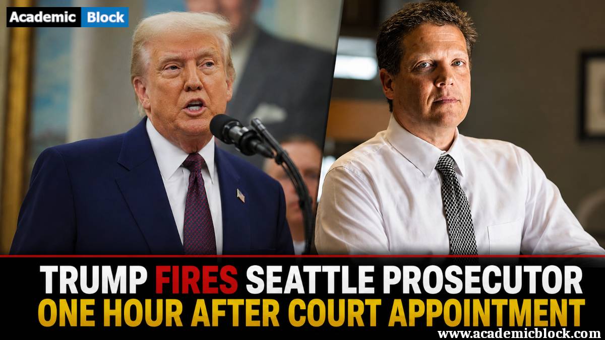 Collage showing Donald Trump and the former Seattle prosecutor, Roger Rogoff highlighting the reported dismissal shortly after the court appointment with a bold headline.