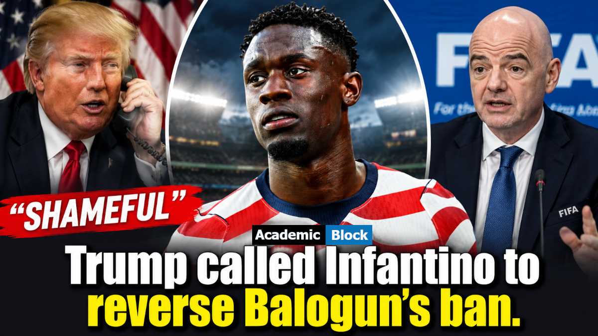 Image showing Folarin Balogun, Donald Trump, and FIFA President Gianni Infantino over the World Cup ban controversy.