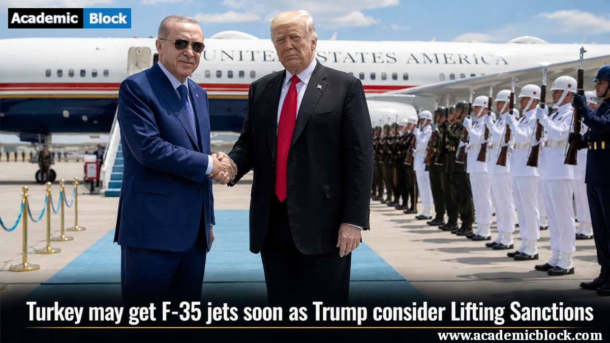 Donald Trump and Recep Tayyip Erdoğan shake hands during a ceremonial welcome in Ankara as the US considers lifting sanctions and reviewing Turkey's F-35 access.