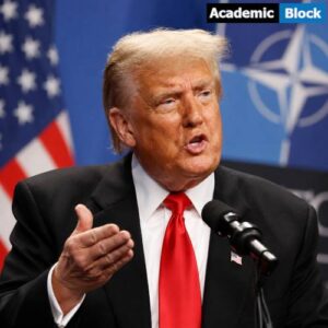 Image showing Donald Trump speaking during a NATO-related event with a NATO backdrop, highlighting debate over US defense commitments.