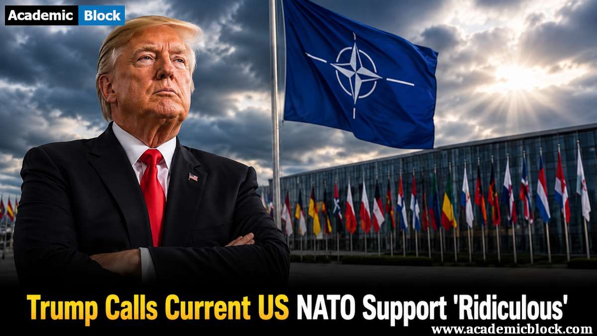 Image showing Donald Trump stands before a NATO flag and alliance headquarters with the headline, Trump Calls Current US NATO Support Ridiculous.