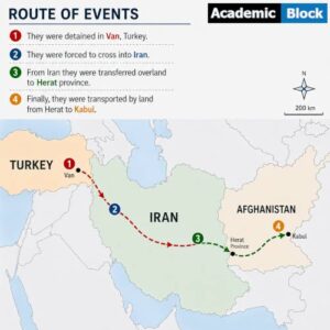 Map showing the reported route of Afghan migrants from Turkey through Iran to Herat and Kabul.