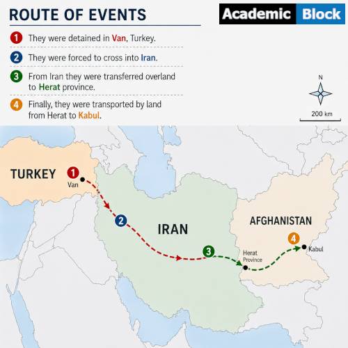 Map showing the reported route of Afghan migrants from Turkey through Iran to Herat and Kabul.