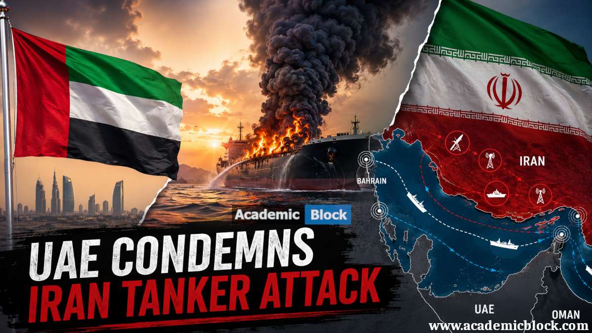 Image showing UAE and Iran flags with a burning oil tanker and Strait of Hormuz map illustrating the escalating Gulf crisis.