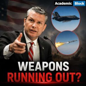 Image showing Pete Hegseth (U.S. Secretary of Defense) with an F-35 fighter jet and missile graphic highlighting concerns over U.S. weapons stockpiles.