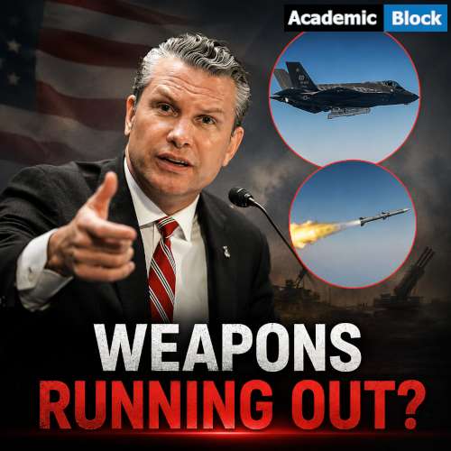 Image showing Pete Hegseth (U.S. Secretary of Defense) with an F-35 fighter jet and missile graphic highlighting concerns over U.S. weapons stockpiles.