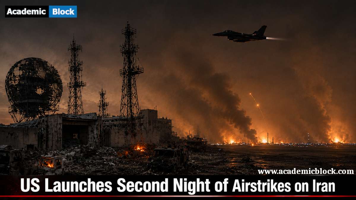 Image showing a damaged military site and a fighter jet during the second night of US airstrikes on Iran.