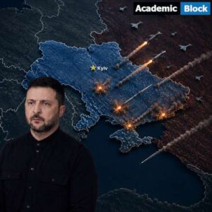 Image Showing Illustration of Ukraine President Volodymyr Zelenskyy with a 3D map showing Kyiv, Russia, and missile strike routes ahead of the NATO summit.
