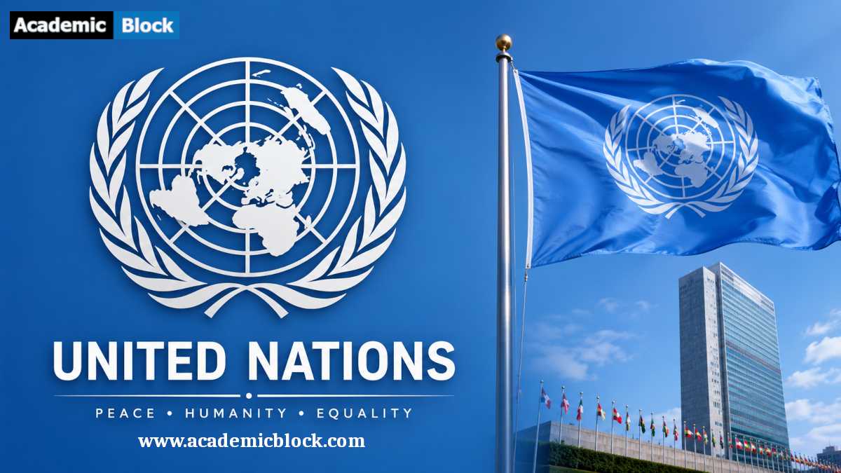 United Nations poster featuring the iconic UN emblem and flag with headquarters in the background.