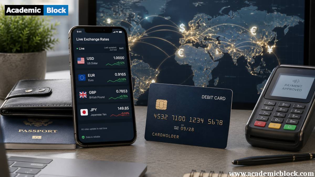 A debit card, live foreign exchange dashboard, and global payment network illustrate dynamic currency conversion for secure international debit card transactions.