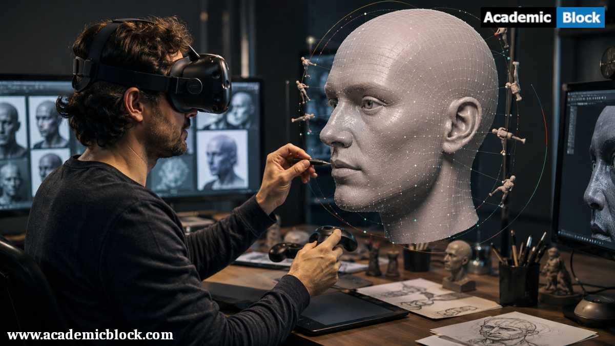 A VR artist sculpts a realistic digital human face using holographic 3D modeling tools in a modern design studio.