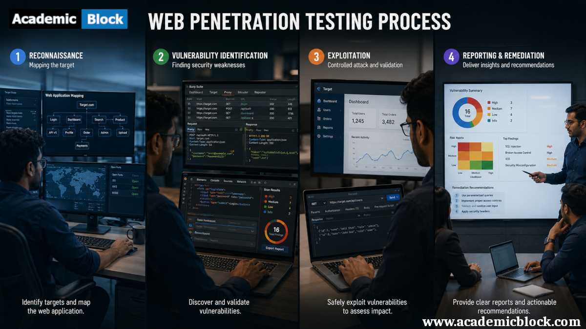 Image of the web penetration testing process, from reconnaissance and vulnerability assessment to controlled testing and security reporting.