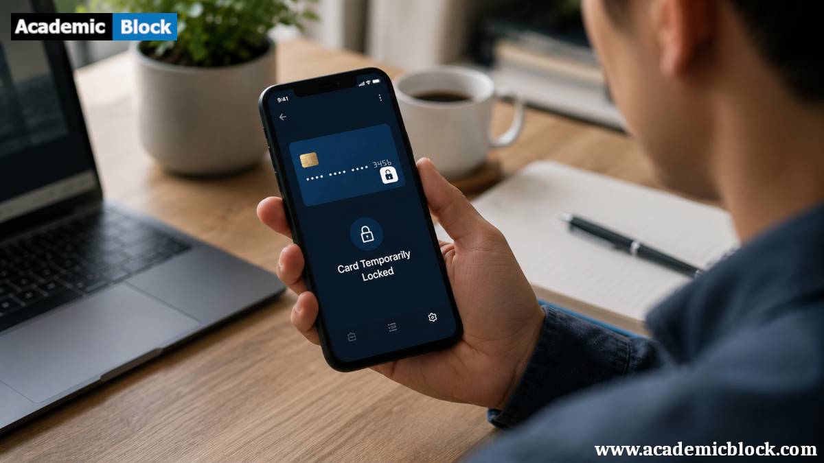 A person reviews a banking app showing a temporarily locked credit card in a modern home office.