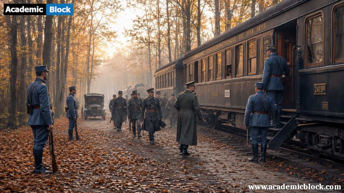 German delegates approach Marshal Foch's railway carriage under French guard in the misty Forest of Compiègne, November 1918.