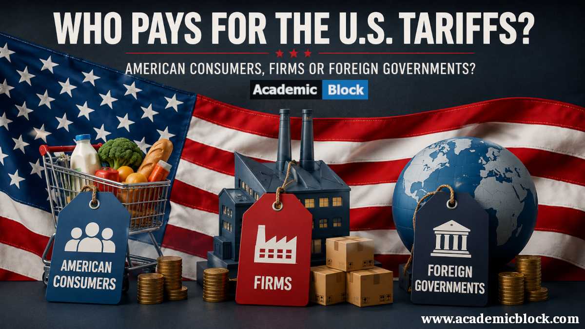 A conceptual illustration comparing how U.S. tariffs may impact American consumers, businesses, and foreign governments against a U.S. flag backdrop.