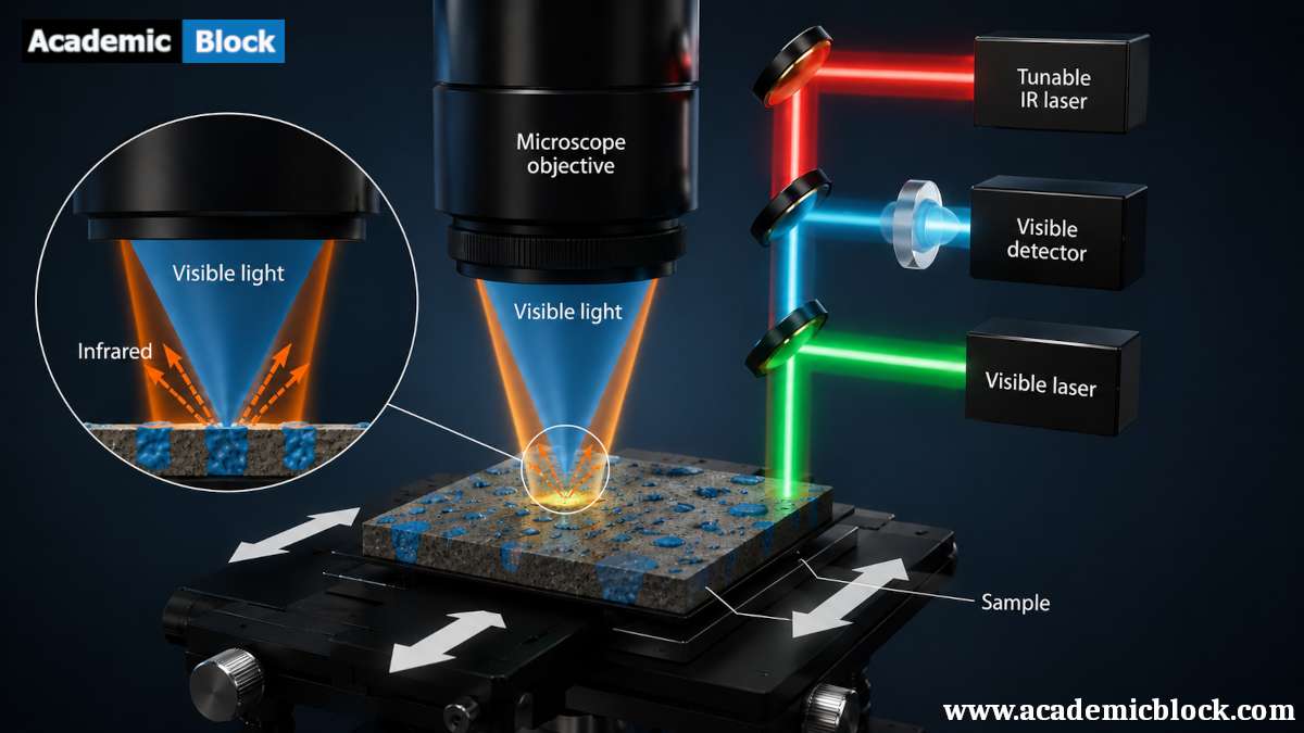 A scientific illustration of an Infrared Reflectance Microscopy (IRM) system showing laser beam paths, reflective optics, & sample surface analysis.