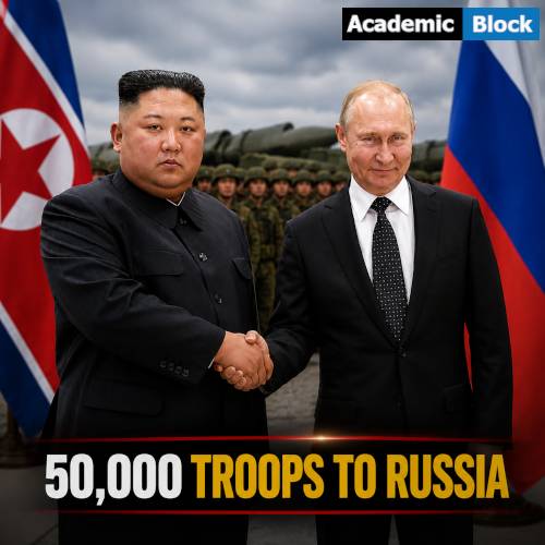 Image showing Kim Jong Un and Vladimir Putin shaking hands with military personnel and flags in the background, with the headline 50,000 Troops to Russia.