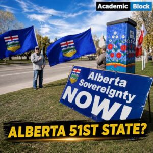 An image showing Alberta flags at a sovereignty protest with a Alberta 51st State? banner.