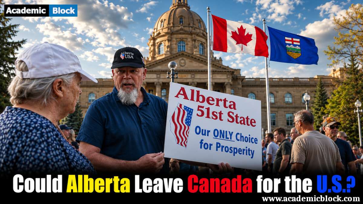 Image showing Supporters and opponents of Alberta statehood gather outside a government building as Canadian and Alberta flags fly overhead, highlighting debate over whether Alberta could leave Canada and seek closer ties with the United States.
