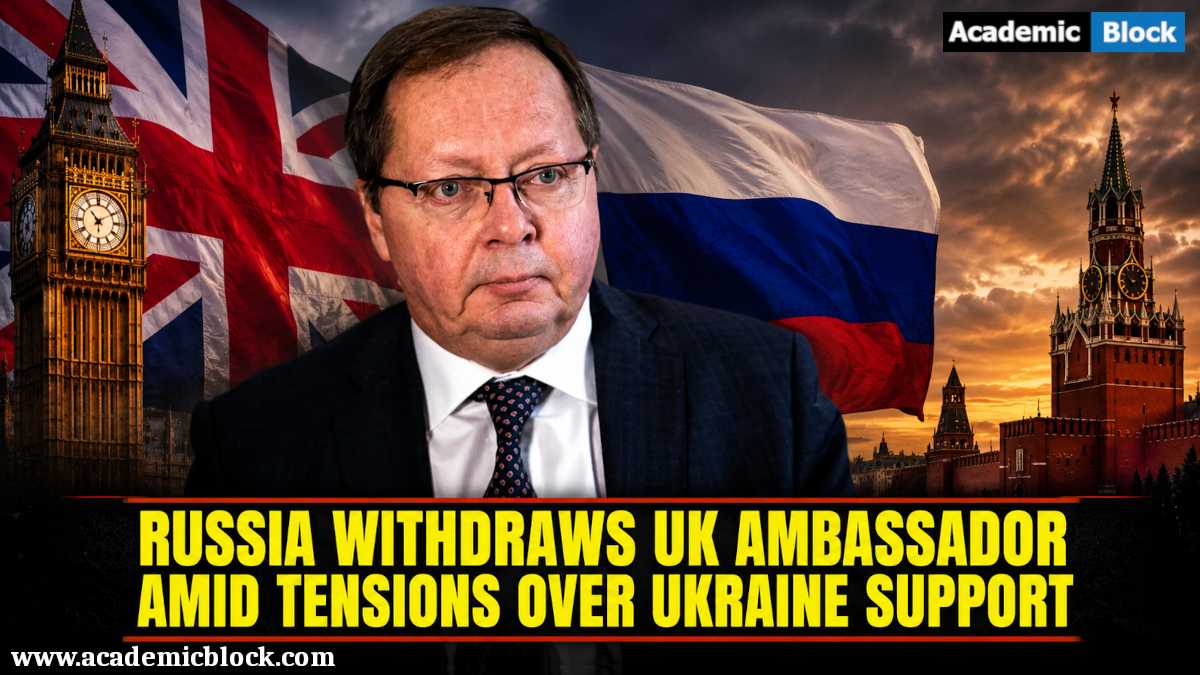 Image showing Andrey Kelin pictured between the Russian and British flags as Russia withdraws its UK ambassador amid tensions over Ukraine support