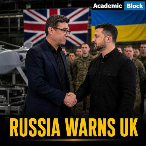Image showing Andy Burnham, Prime Minister of the United Kingdom, and Volodymyr Zelenskyy, President of Ukraine, shaking hands with UK and Ukraine flags and military drones in the background.