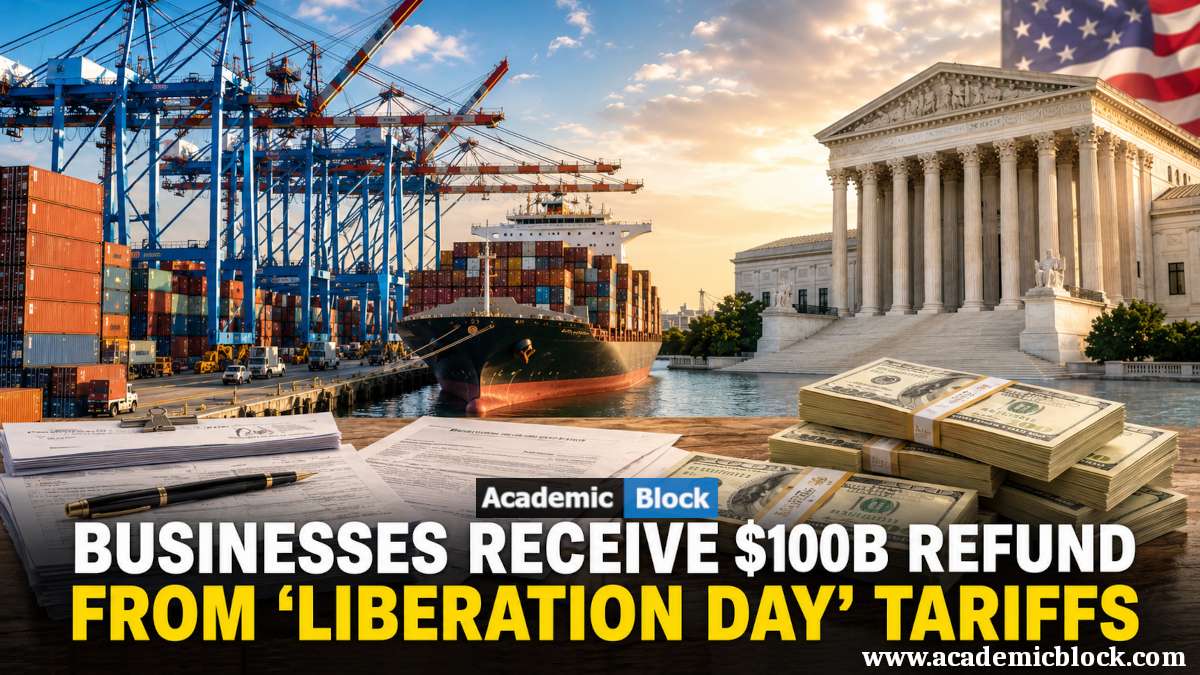 Image showing a busy U.S. shipping port with cargo cranes, stacked containers, and a large cargo ship beside a Supreme Court-style building and the headline 
