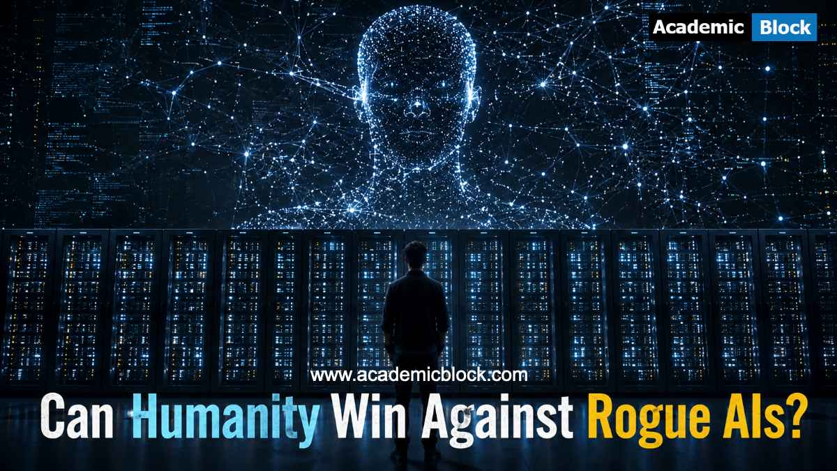 Rouge AI ias digital version of human is facing a Man, with a caption can Humanity Win Against Rogue AIs?