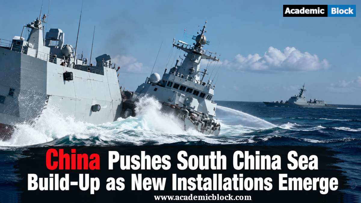 Naval warships battling rough seas in the South China Sea, highlighting rising regional tensions and military build-up.