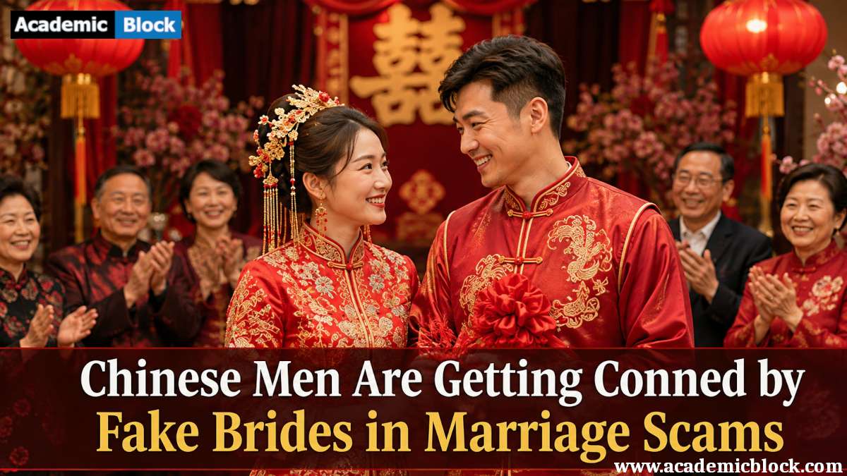 Image shows a photograph of a traditional Chinese wedding ceremony. Chinese bride and groom are standing together during their wedding celebration. The bride is wearing an elegant traditional red Chinese wedding dress with delicate embroidery and a traditional headdress, while the groom wears a traditional Chinese wedding outfit.