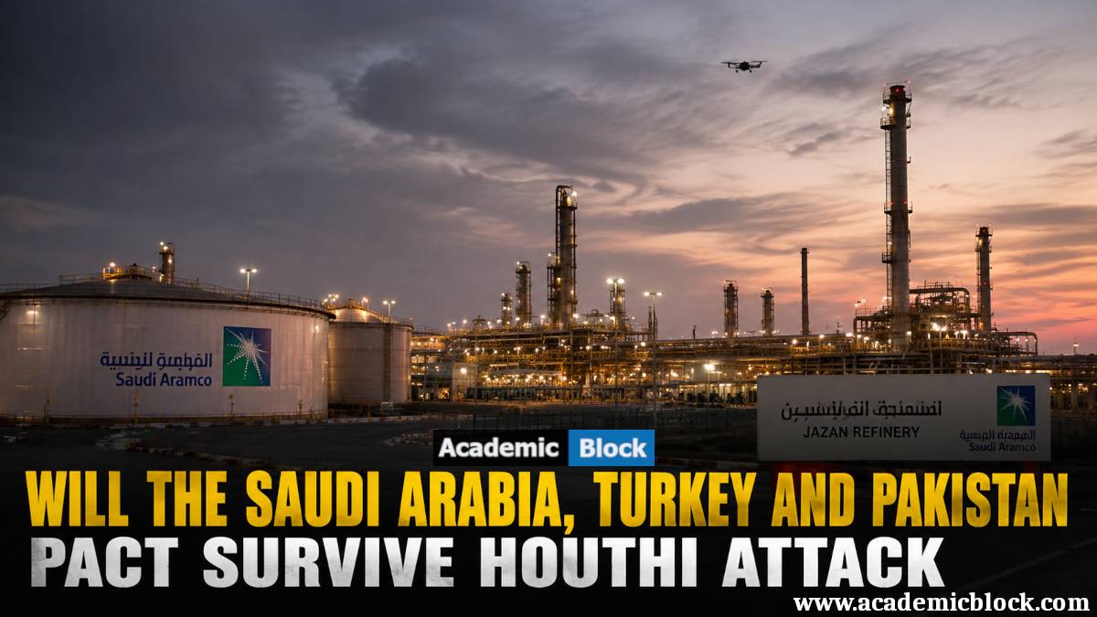 Image showing Saudi Aramco's Jazan refinery at dusk, with refinery towers, storage tanks and industrial infrastructure clearly visible. In the distant sky there is a subtle drone silhouette