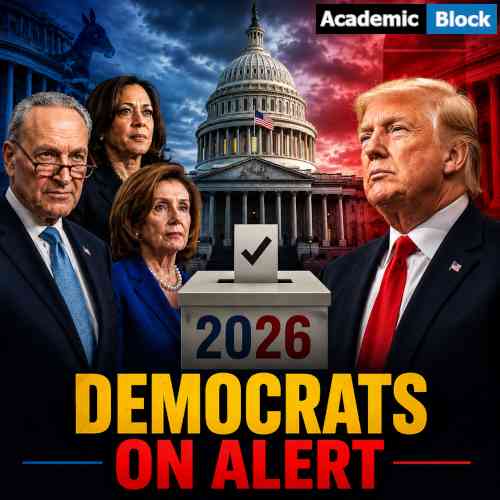 An image showing the U.S. Capitol with Donald Trump, Democratic leaders, and a 2026 ballot box highlighting political tensions ahead of the U.S. midterm elections.