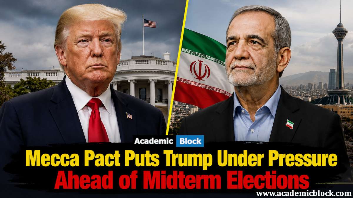 Image showing Donald Trump and Iranian President Masoud Pezeshkian is shown side by side in a geopolitical graphic about the Mecca Pact and US political pressure ahead of the midterm elections.