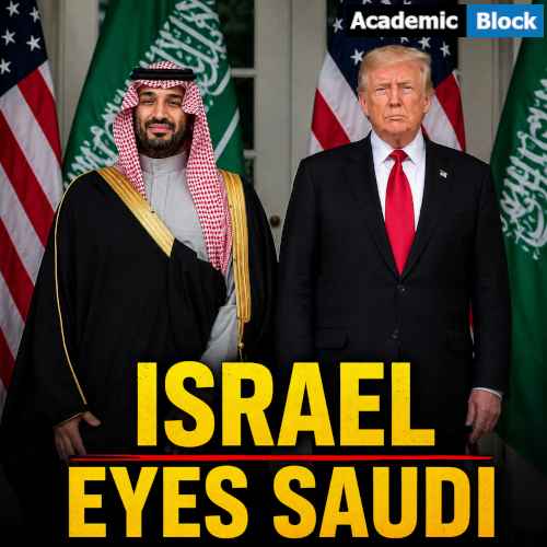Image showing Donald Trump and Saudi Crown Prince Mohammed bin Salman standing together with US and Saudi flags as Saudi nuclear deal and Israel recognition talks unfold.