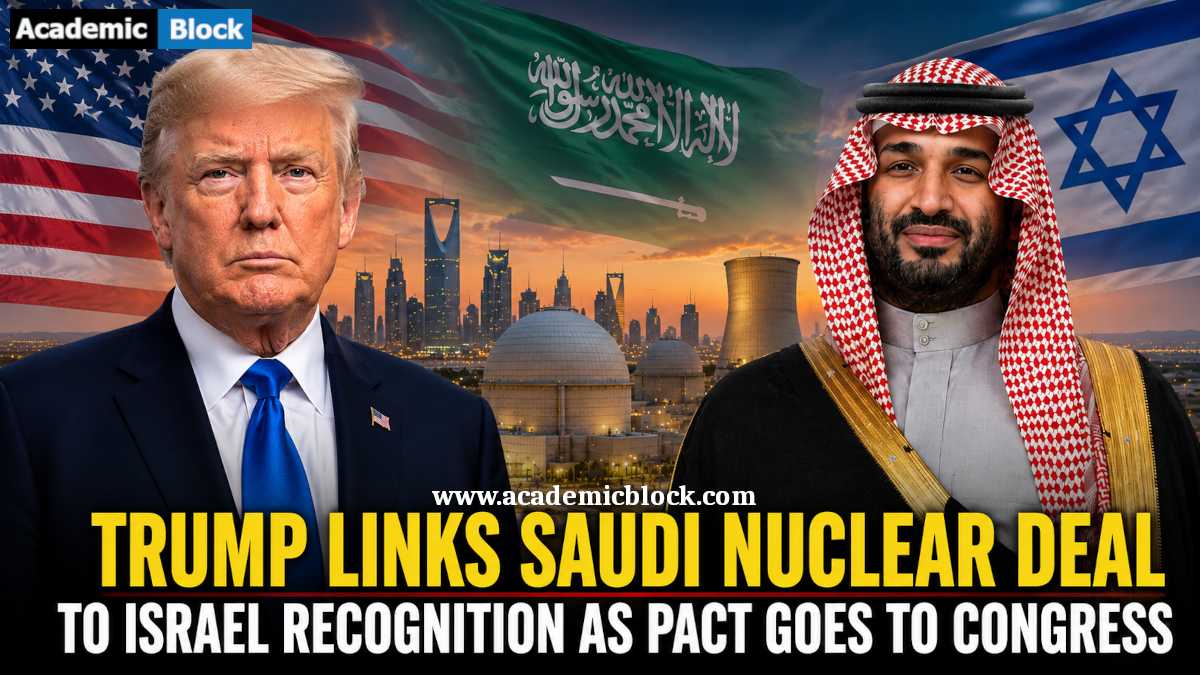Image showing Donald Trump and Saudi Crown Prince Mohammed bin Salman featured in a geopolitical news image about the Saudi nuclear deal, Israel recognition, and US-Saudi relations.