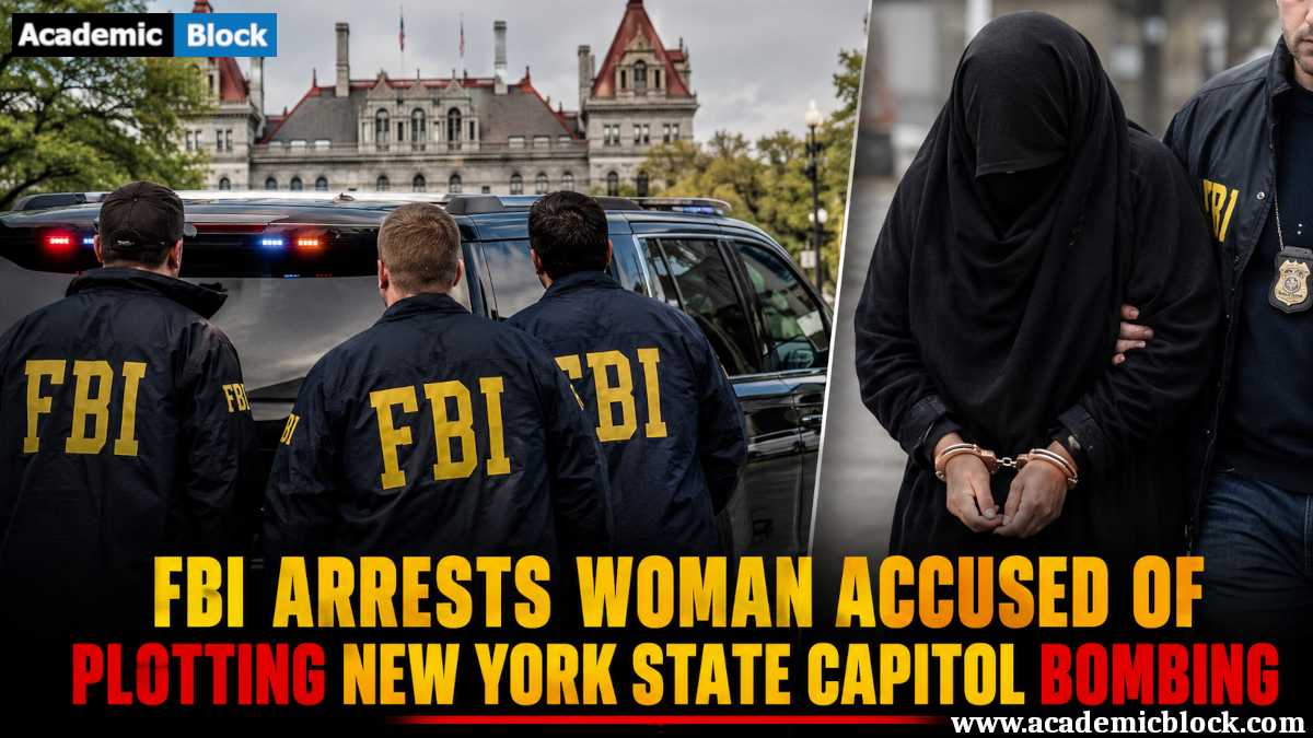 Image showing FBI agents and an arrested woman outside the New York State Capitol over an alleged bomb plot.