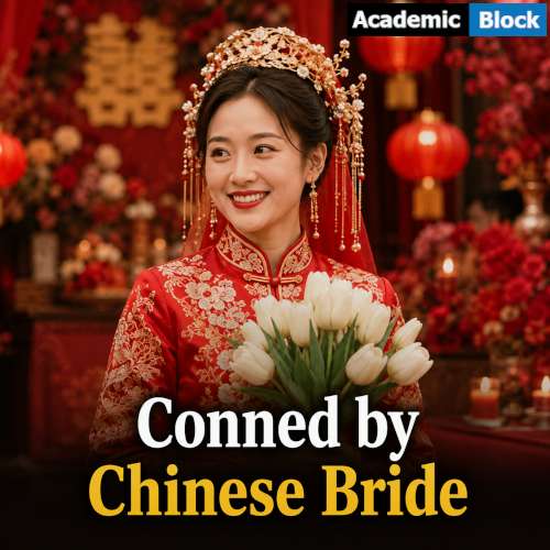 Image shows photograph of a traditional Young Chinese Bride in a wedding ceremony. Show a Chinese bride wearing an elegant traditional red Chinese wedding dress with delicate embroidery and a traditional headdress, holding White Tulips.