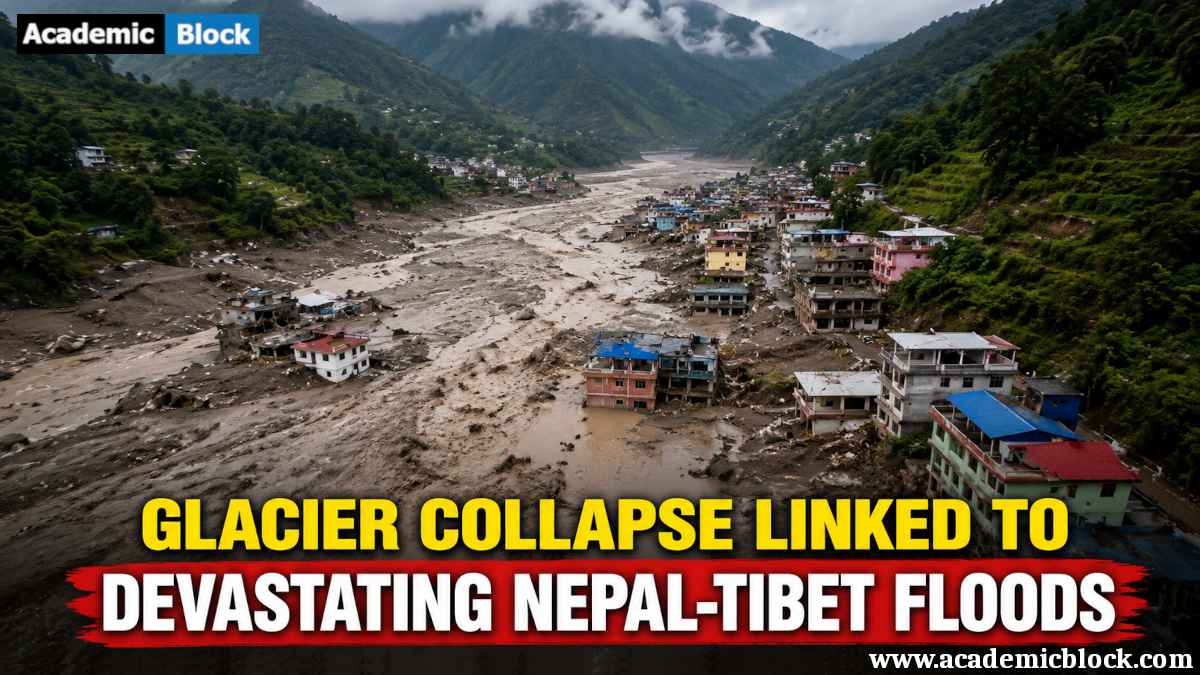 Image showing aerial view of devastating floods and debris covering a mountain valley in Nepal, with damaged buildings and muddy floodwaters.