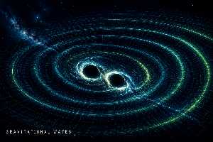 Image showing visualization of merging black holes bending spacetime and sending luminous gravitational waves across deep space.