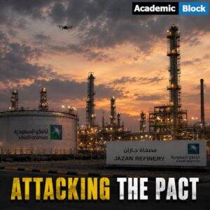 Image showing Saudi Aramco's Jazan refinery with small attack drone flying in the sky.