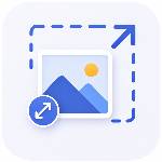 A clean blue image-resizing icon featuring an expand arrow, resize controls, and a photo frame.