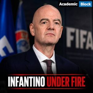 Image showing FIFA President Gianni Infantino pictured in a dark suit with the headline, Infantino Under Fire amid growing pressure over the FIFA Forward Enterprise dispute.