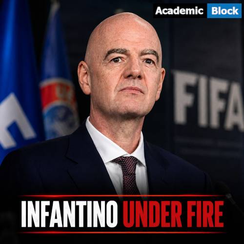 Image showing FIFA President Gianni Infantino pictured in a dark suit with the headline, Infantino Under Fire amid growing pressure over the FIFA Forward Enterprise dispute.