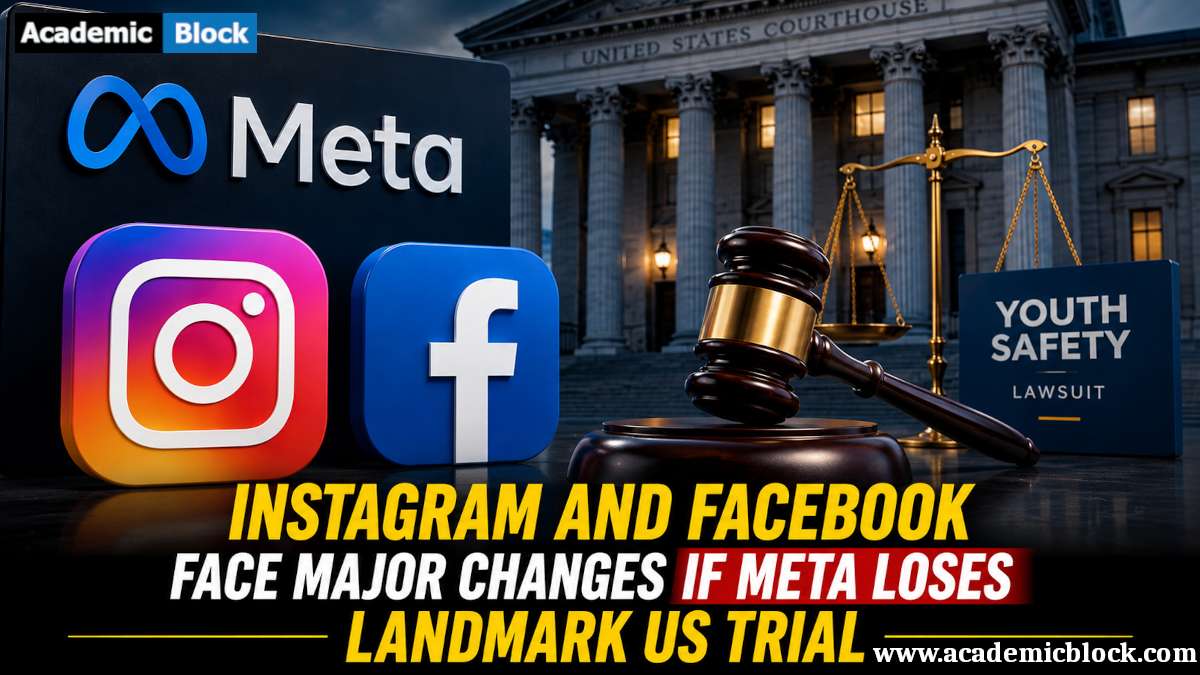 An image showing Instagram and Facebook logos with Meta branding, a U.S. courthouse, a gavel, and justice scales illustrating the landmark youth safety trial and potential platform changes.