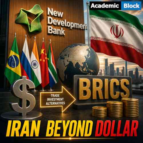 Image BRICS New Development Bank and Iranian flag symbolizing Tehran’s push for alternative financial channels outside the dollar system.