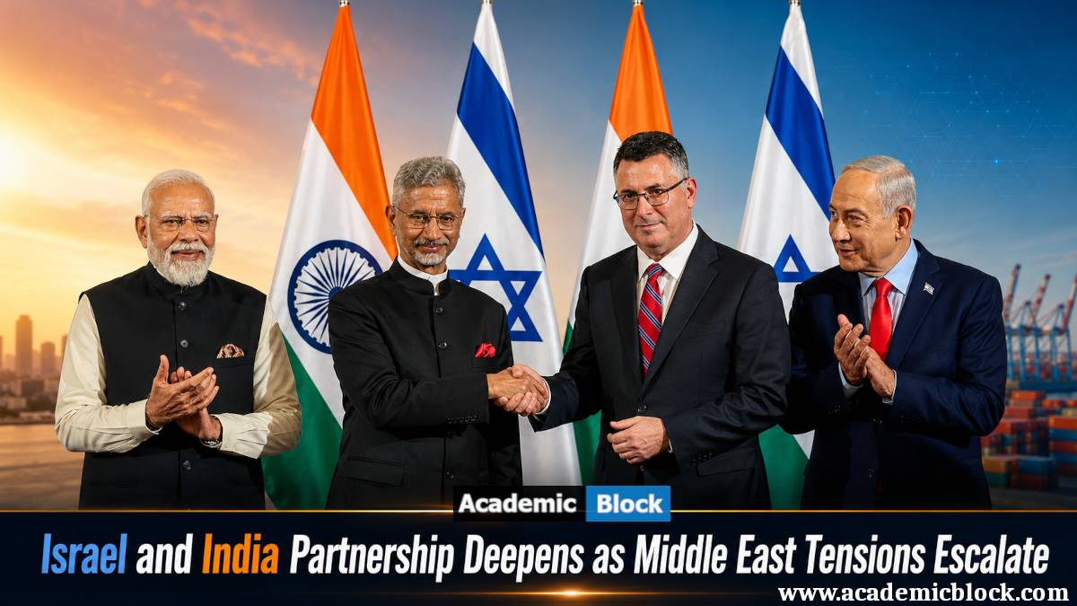 Image showing India’s External Affairs Minister Dr. S. Jaishankar, Israeli Foreign Minister Gideon Sa’ar, Prime Minister Narendra Modi, and Israeli Prime Minister Benjamin Netanyahu at a diplomatic meeting highlighting deepening India-Israel relations.
