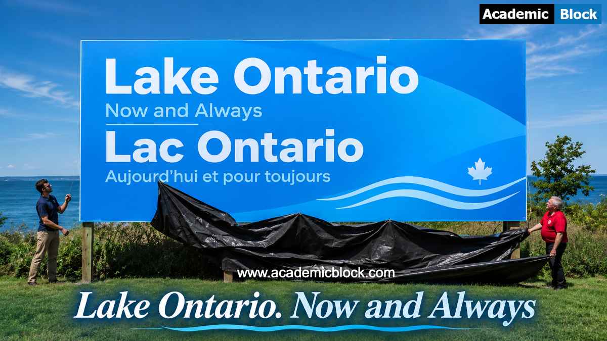 Image show Ontario Premier Doug Ford hinstalling a large sign on Canada's shoreline with the message: Lake Ontario. Now and Always.