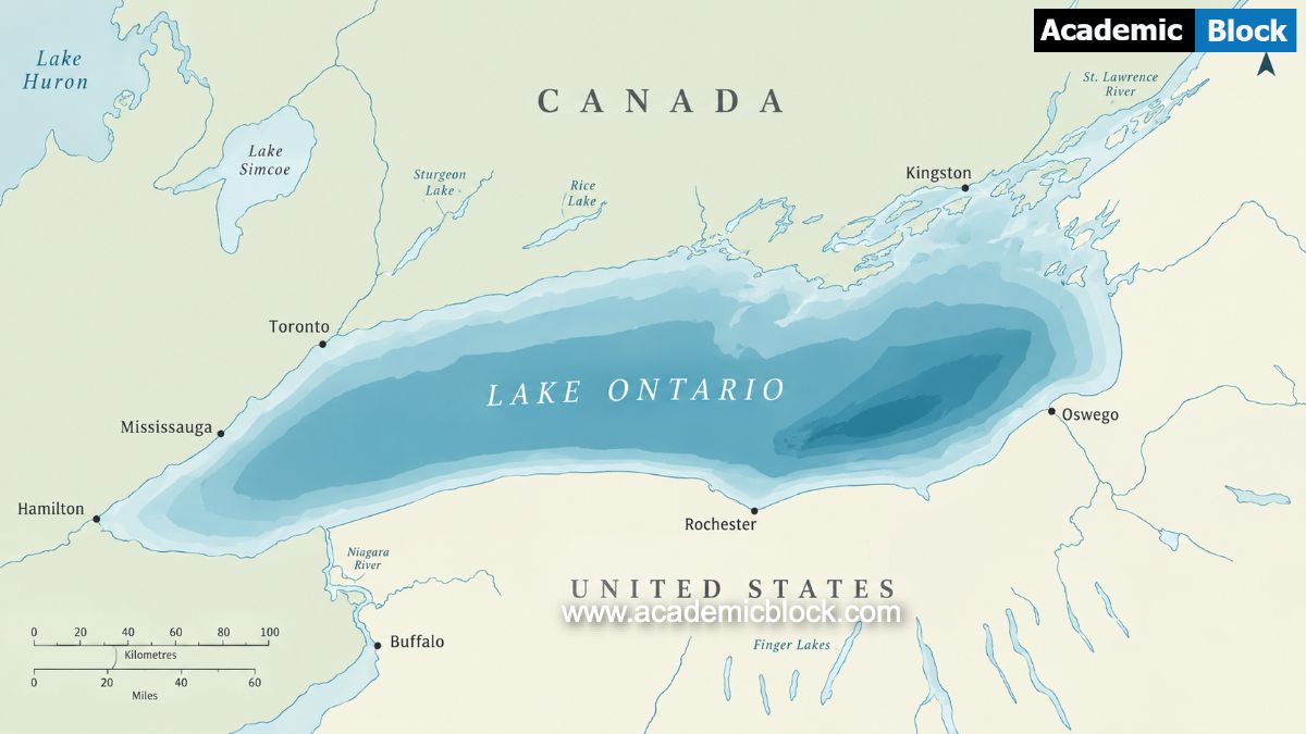 Image show the map of Lake Ontario and the surrounding areas along with the distance scale. 
